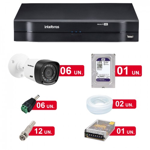 Kit Cftv 06 Câmeras Hd Vhd 1010B G3 + Dvr 08Ch Multi Hd Mhdx 1008 Intelbras c/Hd + Acessorios
